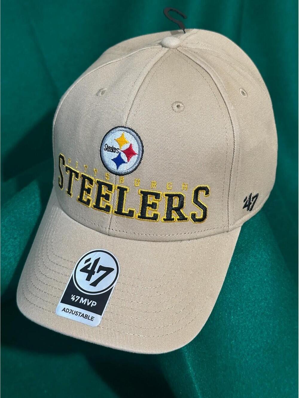 NFL Pittsburgh Steelers Team Name & Logo '47 Brand MVP Khaki Adjustable Hat OSFM
